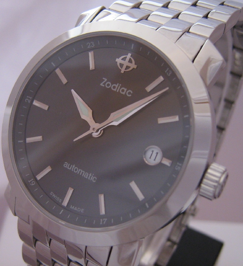 Zodiac Automatic Watch, Black Dial With Steel Bracelet