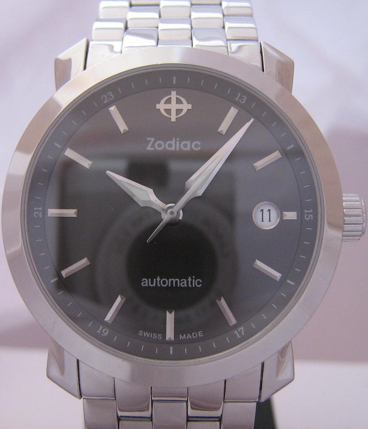 Zodiac Automatic Watch, Black Dial With Steel Bracelet