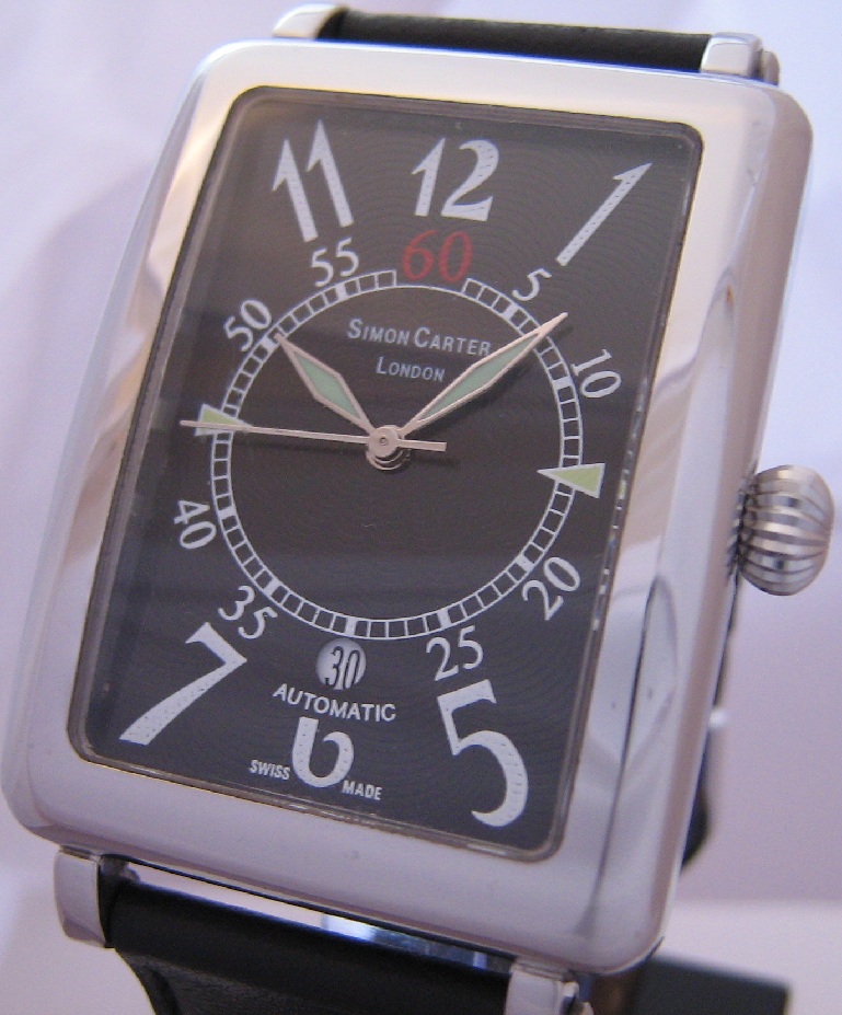 Simon Carter Tank Watch, Black Dial With Black Leather Strap