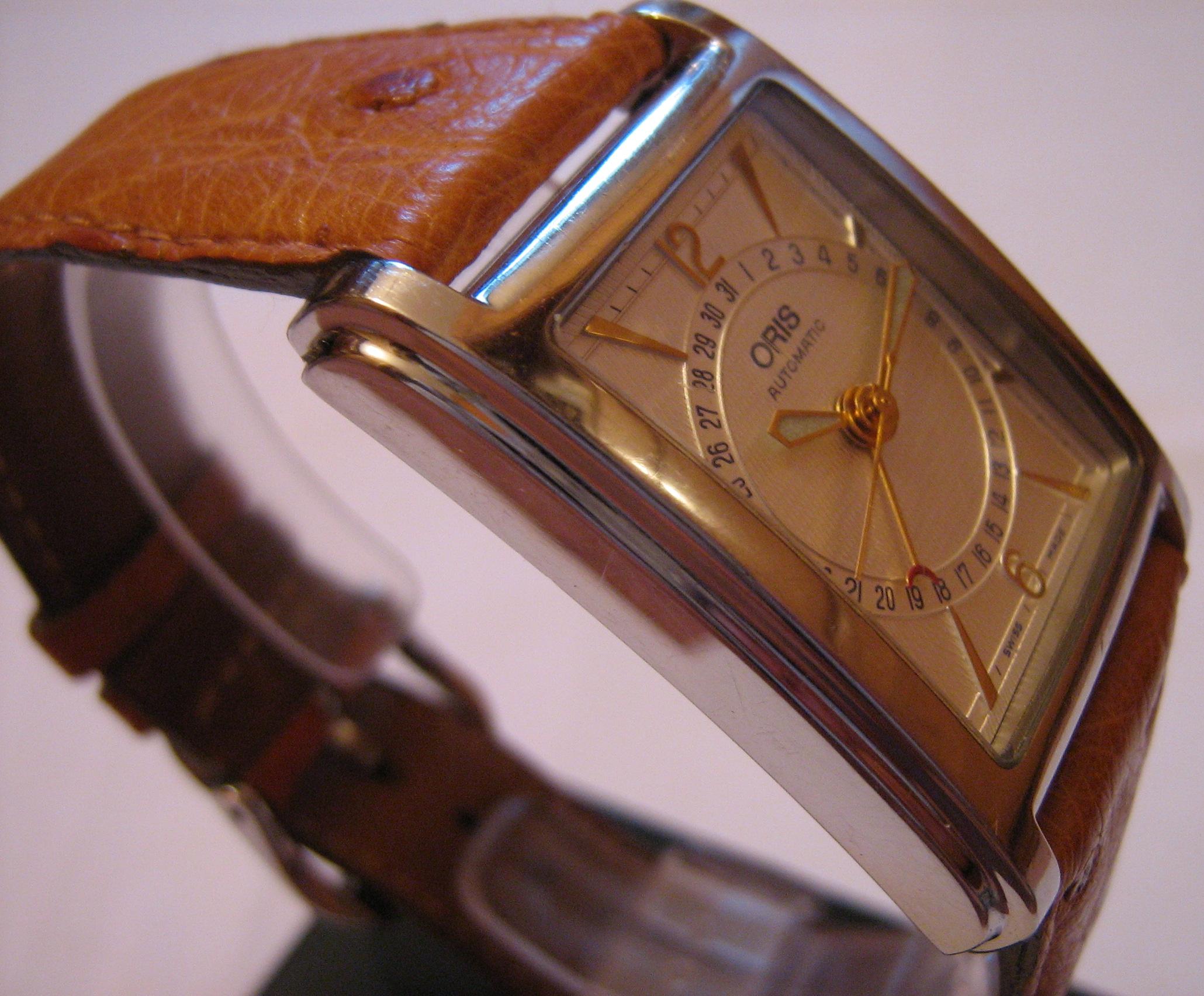 Used Oris Rectangular Pointer Date, Silver Dial, Brown Leather Strap
