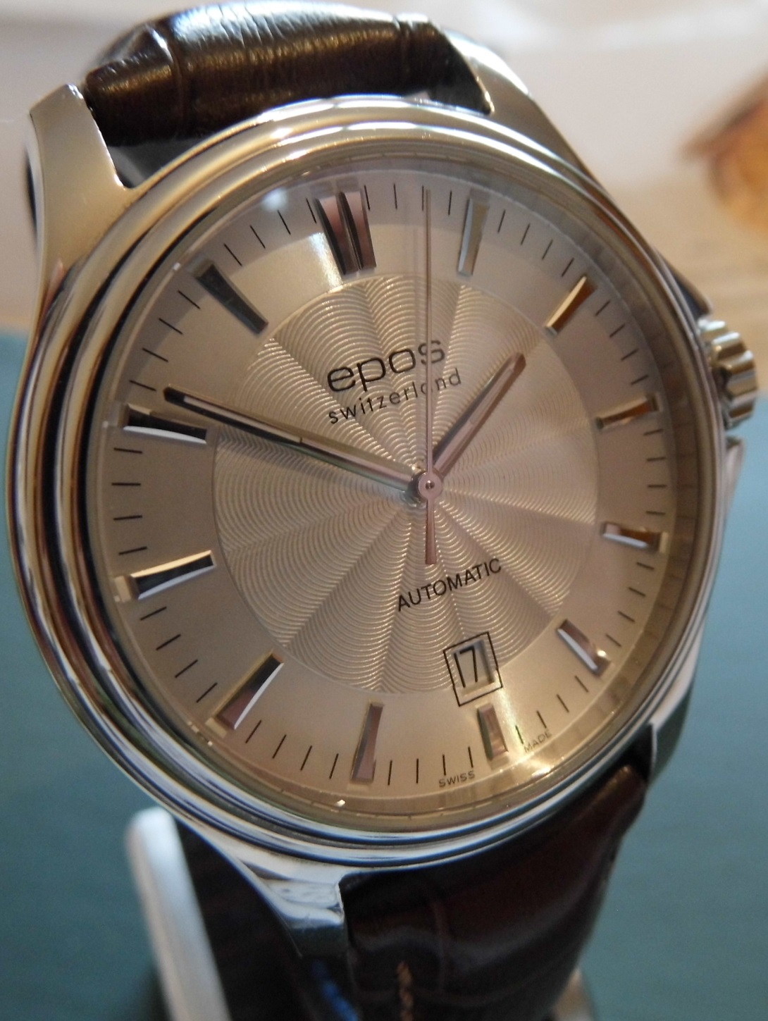 Epos Sportive Automatic, Silver Guilloche Dial, Brown Leather Strap