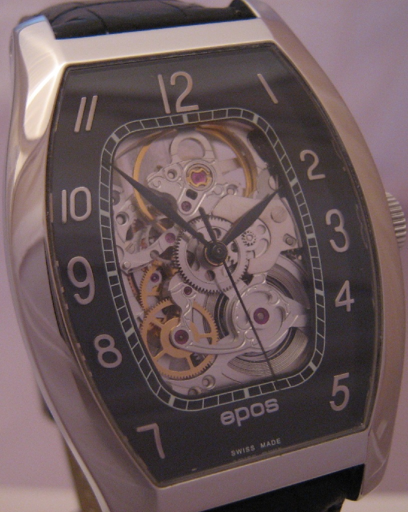 Epos Tonneau Skeleton Watch, Black Dial With Leather Stap
