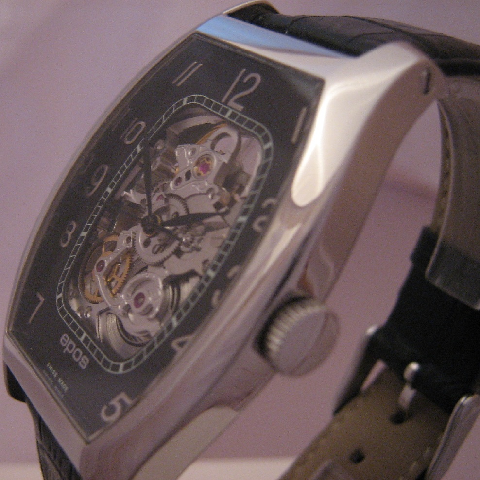 Epos Tonneau Skeleton Watch, Black Dial With Leather Stap