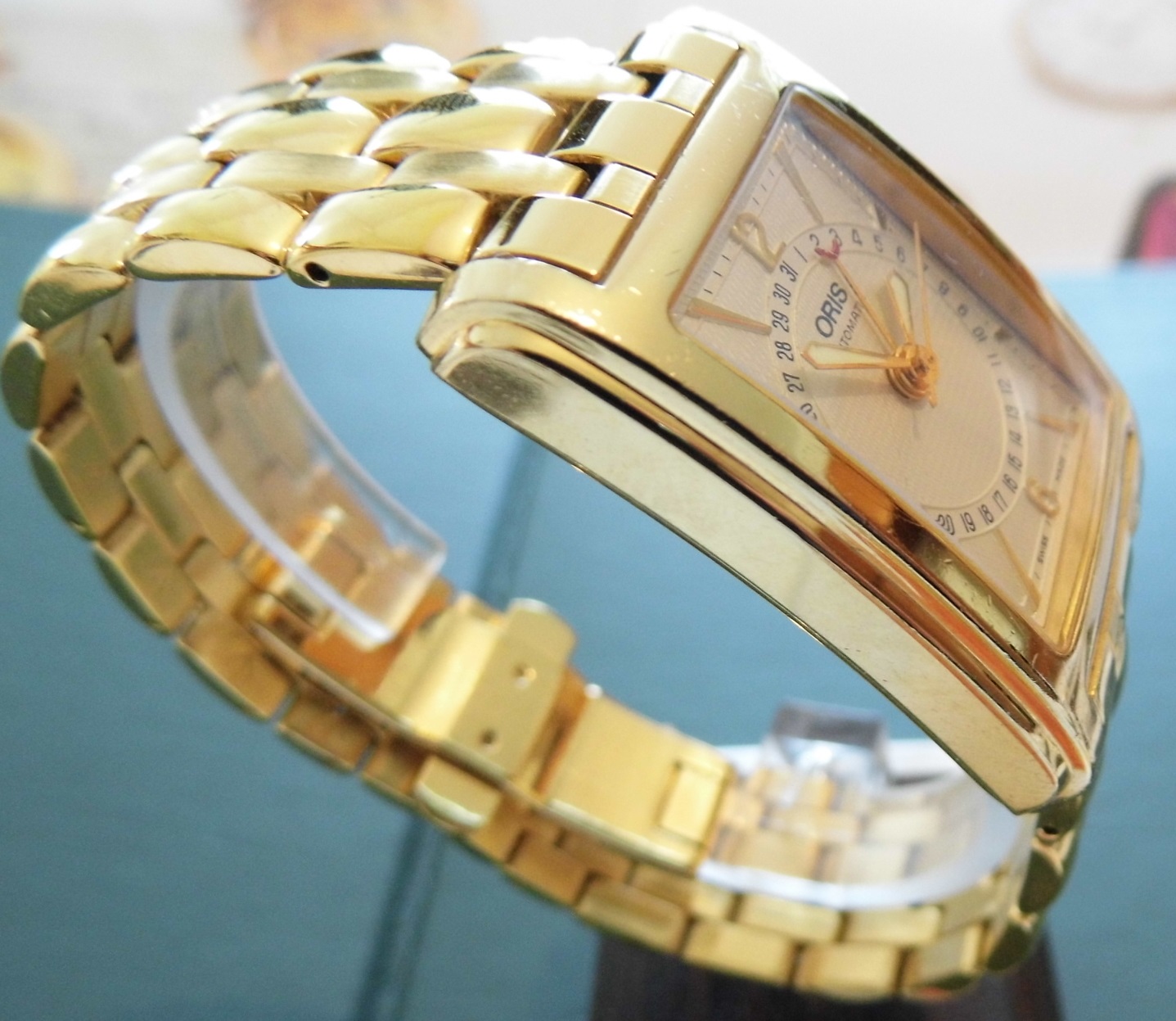 Oris Gold IP Rectangular Pointer Date, Silver Dial, Bracelet